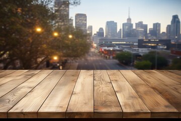 b'An Empty Wooden Table with a Blurred Cityscape Background'
