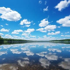 Fototapeta premium b'Blue sky and white clouds over a lake'