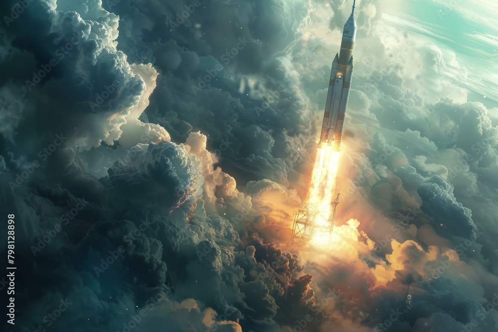 Poster b'a rocket is launching from a launch pad with a cloudy sky in the background'