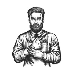 Barber engraved style ink sketch drawing, black and white vector illustration