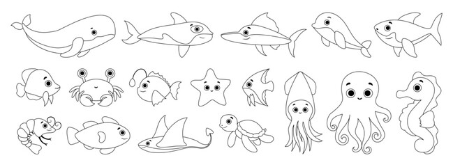 Set of black line icons of Sea Animals Stickers. Underwater life. Cute whale, squid, octopus, stingray, jellyfish, fish, crab, seahorse. Fish and wild sea animals isolated on white background.