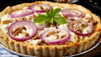 Delicate Tart with Red Onion, Goat Cheese, and Walnuts. Concept Cooking Techniques, Flavor Combinations, Recipe Inspiration, Healthy Eating - obrazy, fototapety, plakaty