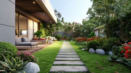 b'Courtyard garden with lush greenery and modern house in the background'