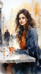 b'An artwork of a beautiful woman sitting at a cafe table'
