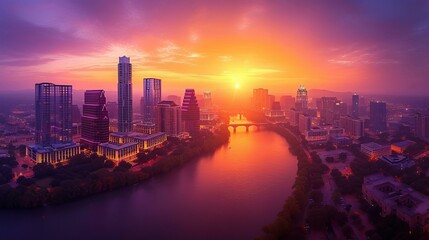 Fototapeta premium b'Austin Texas Skyline at Sunset Overlooking Lady Bird Lake'