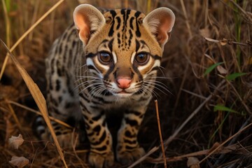 Ocelot looking up at camera in savanna wildlife leopard animal.