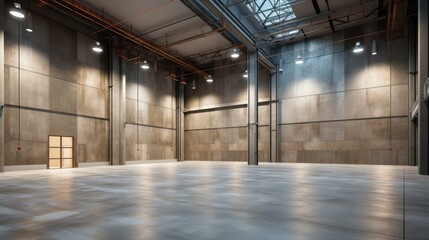 b'Large empty warehouse interior with concrete walls and bright lights'