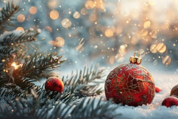 Fototapeta na wymiar b'Red Christmas ball with golden pattern on a snowy fir branch'
