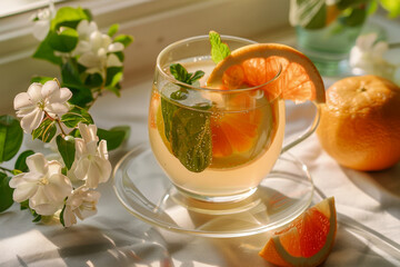 Refreshing Citrus Mint Tea on Sunny Window Sill with Blooming Flowers