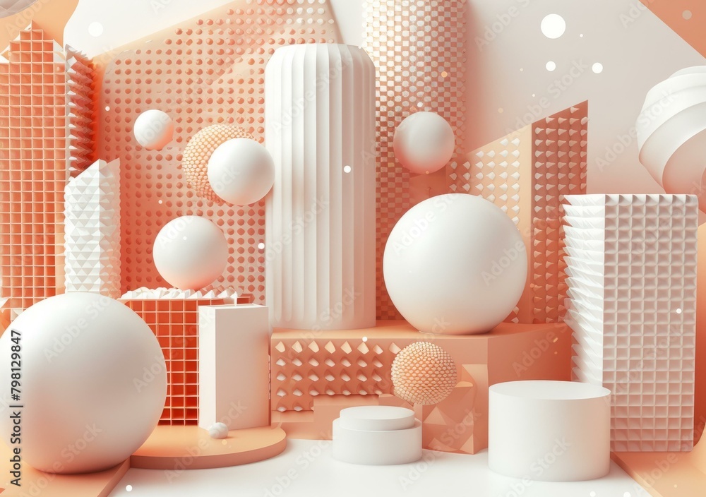 Poster b'3d rendering of geometric shapes with peach and white color scheme'