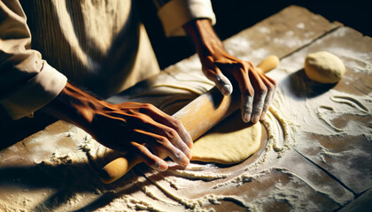 baker rolling dough into shapes on a wooden table covered in flour, close up of hands with rolling pin 