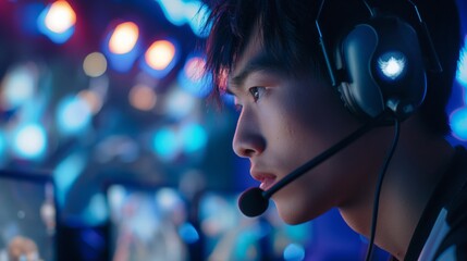 a man wearing headphones and a microphone is playing a video game