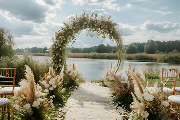 Fototapeta premium A designer wedding arch in nature, against the backdrop of a picturesque landscape.
