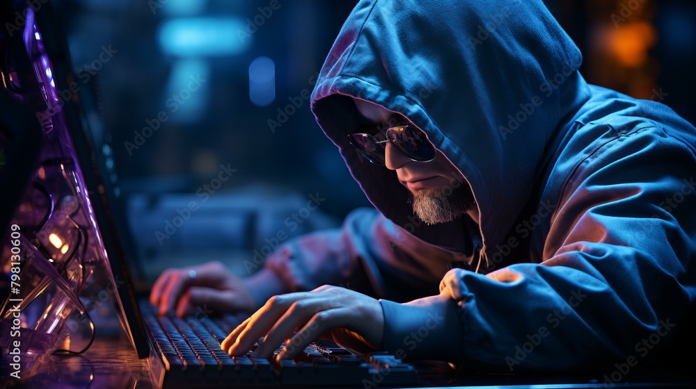 Aufkleber b'a hacker in a dark room wearing a hoodie and sunglasses is typing on a computer keyboard.'