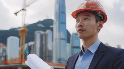 Engineer in hard hat and suit with paper in hand at a construction site