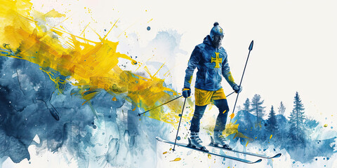 The Swedish Flag with a Viking and a Cross-Country Skier - Visualize the Swedish flag with a Viking representing Sweden's history and a cross-country skier symbolizing the country's love for winter sp