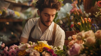 Man choosing plants in floristry shop for event flower arranging