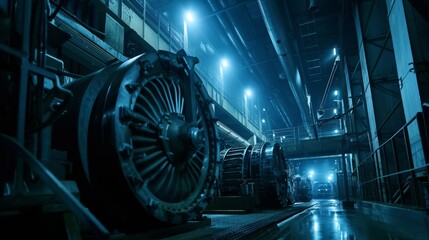 Large turbine components in a dimly lit industrial hall. Heavy machinery and power generation concept.