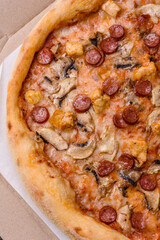 Delicious pizza with sausage, cheese, tomatoes, salt, spices and herbs