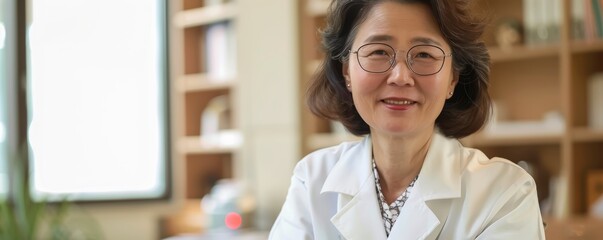 Professional mature Asian female doctor in lab coat with glasses. Studio portrait with soft background