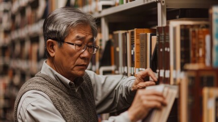 An older man wearing glasses browses through books in the library