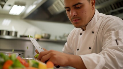 A chef in uniform slicing ingredients in a kitchen