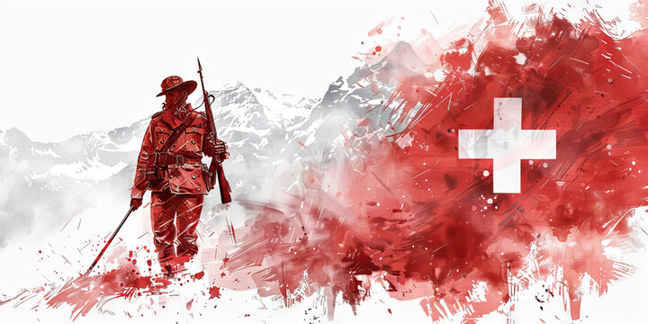 The Swiss Flag with a Yodeler and a Swiss Guard - Visualize the Swiss flag with a yodeler representing Swiss music and a Swiss Guard symbolizing Switzerland's tradition of military service