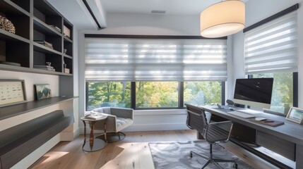 Modern home office interior with large window and nature view