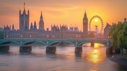 b'London cityscape with the Palace of Westminster and the London Eye at sunset' - obrazy, fototapety, plakaty
