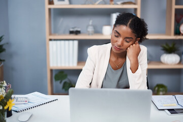 Black woman, desk and sleep with laptop, paperwork and burnout in financial administration....