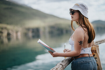 A serene moment as a young tourist reads a book by a beautiful lake, surrounded by lush mountains, capturing the essence of a tranquil holiday.