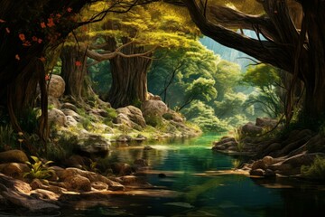 Fototapeta premium b'Fantasy forest landscape with a river flowing through it'
