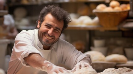 Happy man smiling and kneading dough at bakery, sharing joy with customers