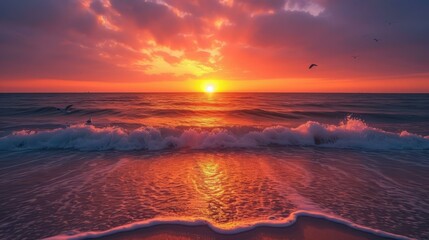 b'Beautiful sunset over the ocean with a colorful sky and crashing waves'
