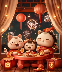 Obraz premium b'A family of cats celebrating Chinese New Year'
