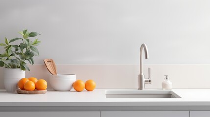 Modern white minimalistic kitchen interior details. Stylish white quartz countertop with kitchen sink with water tap, oranges and potted plant, window and wall cabinet.