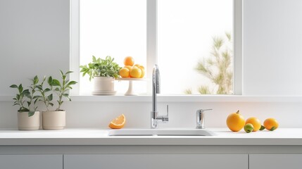 Modern white minimalistic kitchen interior details. Stylish white quartz countertop with kitchen sink with water tap, oranges and potted plant, window and wall cabinet.