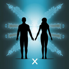 Silhouette of a man and woman holding hands against a surreal blue backdrop with abstract elements