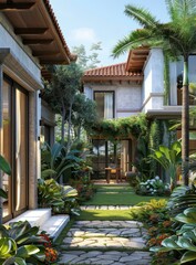 Fototapeta premium b'Courtyard with tropical plants and flowers'