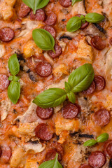 Delicious pizza with sausage, cheese, tomatoes, salt, spices and herbs