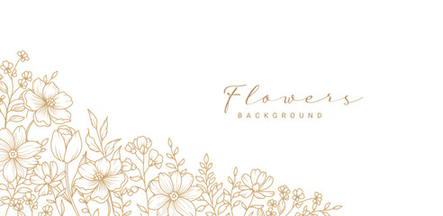 Fototapeta premium Golden flower frame. Corner. Luxury pattern with a bouquet of flowers, branches, leaves. Vector illustration with drawn elegant vintage botanical decorative elements