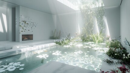 b'Indoor garden with pool and flowers'
