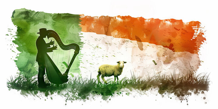 The Irish Flag with a Celtic Harpist and a Sheep Farmer - Imagine the Irish flag with a Celtic harpist representing Irish music and a sheep farmer symbolizing Ireland's agricultural heritage