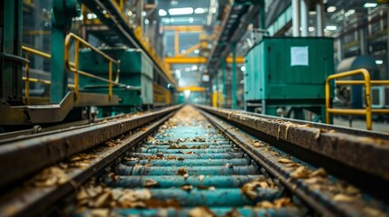 b'rusty railroad tracks in factory'