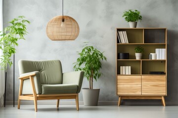 b'A Stylish Living Room With a Green Armchair and Plants'