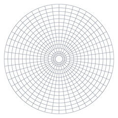 Polar coordinate circular grid isolated on white background. 360 degrees scale. Blank polar graph paper. Vector illustration. Mathematical graph. Lined blank on transparent background