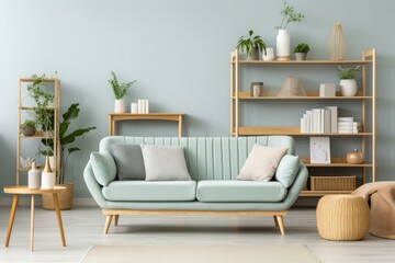 b'A stylish living room with a green sofa, wooden shelving, and potted plants'