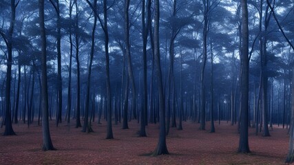 Blue themed forest full of unique and tall trees in a random design. AI Generated