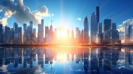 Picture of modern skyscrapers of a smart city, futuristic financial district with buildings and reflections , blue color background for corporate and business template with warm sun rays of light.