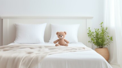 b'A cozy bed with a teddy bear and a plant'
